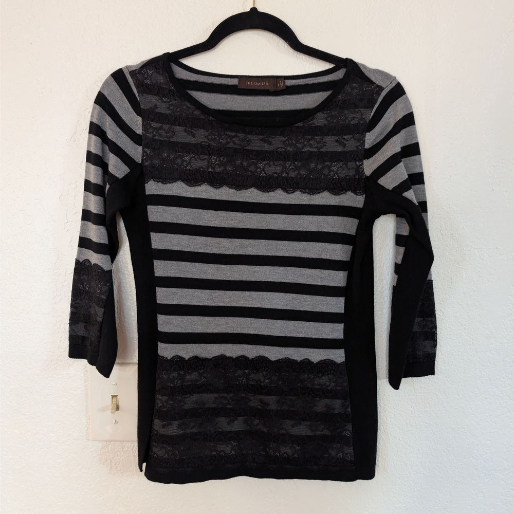 The Limited‎ Black and Gray Lace Striped Top Whimsigoth Witchy Grunge